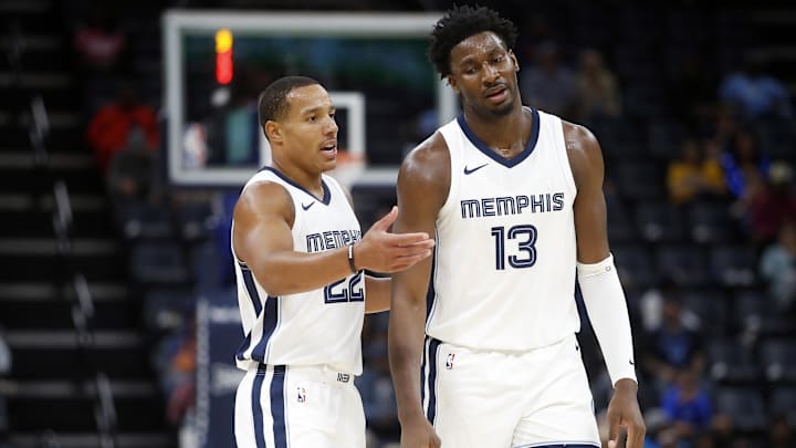 Oct 8, 2023; Memphis, Tennessee, USA; Memphis Grizzlies guard Desmond Bane (22) talks with