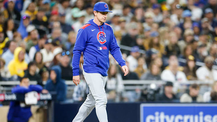 Apr 14, 2025; San Diego, California, USA;  Chicago Cubs manager Craig Counsell (11) walks to the mound to make a pitching change during the seventh inning against the San Diego Padres at Petco Park. Mandatory Credit: David Frerker-Imagn Images
