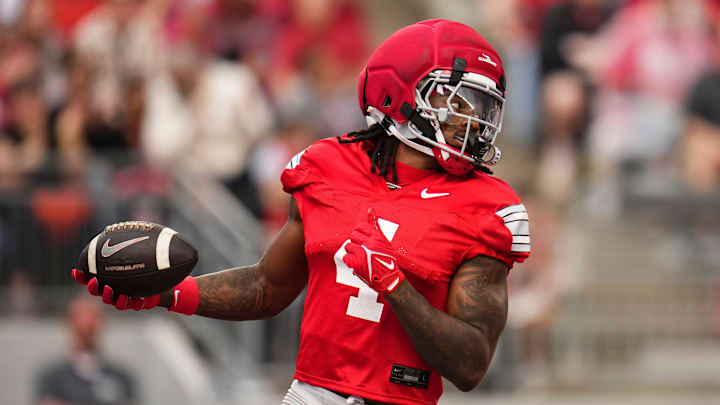 Wide receiver Jeremiah Smith (4) scores a touchdown during the Ohio State football spring game at Ohio Stadium in Columbus on April 18, 2026.