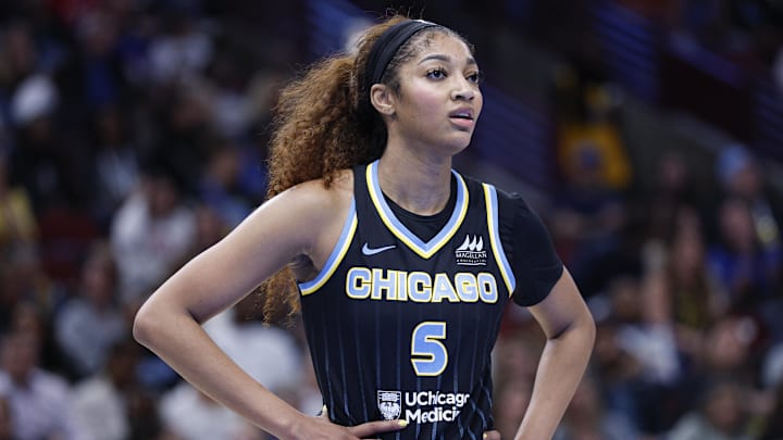 Jun 7, 2025; Chicago, Illinois, USA; Chicago Sky forward Angel Reese (5) looks on during the first half of a WNBA game against the Indiana Fever at United Center. Mandatory Credit: Kamil Krzaczynski-Imagn Images