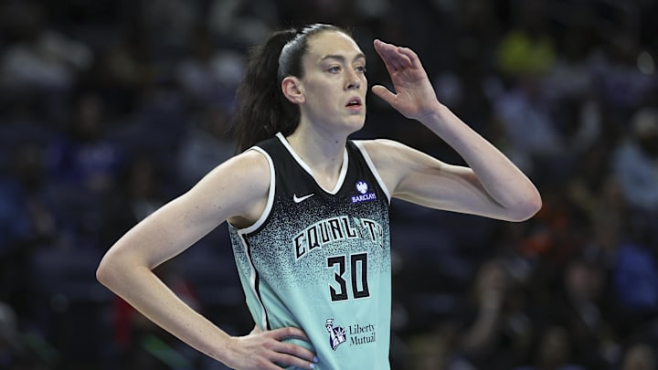 May 22, 2025; Chicago, Illinois, USA; New York Liberty forward Breanna Stewart (30) looks on during the first half at Wintrust Arena. Mandatory Credit: Kamil Krzaczynski-Imagn Images