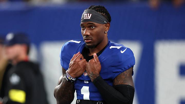 Sep 21, 2025; East Rutherford, New Jersey, USA; New York Giants wide receiver Malik Nabers (1) looks on before the game against the Kansas City Chiefs at MetLife Stadium. 
