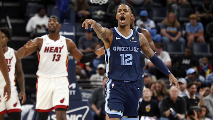 Oct 24, 2025; Memphis, Tennessee, USA; Memphis Grizzlies guard Ja Morant (12) reacts during the first quarter against the Miami Heat at FedExForum. Mandatory Credit: Petre Thomas-Imagn Images