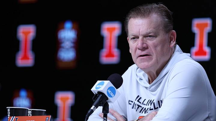 Apr 3, 2026; Indianapolis, IN, USA; Illinois Fighting Illini head coach Brad Underwood speaks during a press conference ahead of the Final Four of the men's 2026 NCAA Tournament at Lucas Oil Stadium. Mandatory Credit: Trevor Ruszkowski-Imagn Images