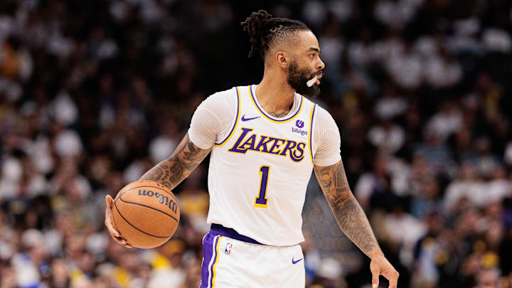 Apr 20, 2024; Denver, Colorado, USA; Los Angeles Lakers guard D'Angelo Russell (1) drives to the basket during the third quarter against the Denver Nuggets in game one of the first round for the 2024 NBA playoffs at Ball Arena. Mandatory Credit: Andrew Wevers-USA TODAY Sports