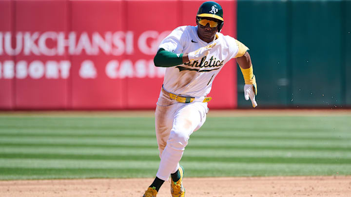 Mar 31, 2024; Oakland, California, USA; Oakland Athletics outfielder Esteury Ruiz (1) runs the bases after hitting a triple against the Cleveland Guardians during the third inning at Oakland-Alameda County Coliseum. Mandatory Credit: Robert Edwards-Imagn Images Mar 31, 2024; Oakland, California, USA; Oakland Athletics outfielder Esteury Ruiz (1) runs the bases after hitting a triple against the Cleveland Guardians during the third inning at Oakland-Alameda County Coliseum. Mandatory Credit: Robert Edwards-Imagn Images