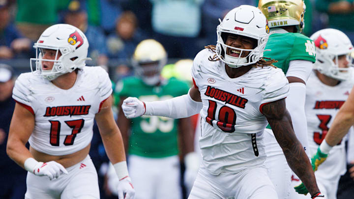 Louisville defensive back Benjamin Perry (10) celebrates a turnover during a NCAA college football game between Notre Dame and Louisville at Notre Dame Stadium on Saturday, Sept. 28, 2024, in South Bend. Louisville defensive back Benjamin Perry (10) celebrates a turnover during a NCAA college football game between Notre Dame and Louisville at Notre Dame Stadium on Saturday, Sept. 28, 2024, in South Bend.