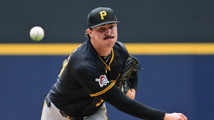 Jul 11, 2024; Milwaukee, Wisconsin, USA; Pittsburgh Pirates starting pitcher Paul Skenes (30) pitches in the first inning against the Milwaukee Brewers at American Family Field. Mandatory Credit: Benny Sieu-USA TODAY Sports