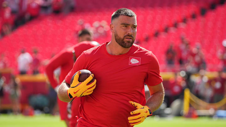 Sep 28, 2025; Kansas City, Missouri, USA; Kansas City Chiefs tight end Travis Kelce (87) warms up before the game against the Baltimore Ravens at GEHA Field at Arrowhead Stadium. 
