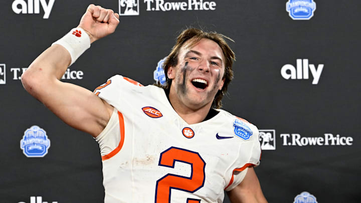 Dec 7, 2024; Charlotte, NC, USA; Clemson Tigers quarterback Cade Klubnik (2) celebrates after winning the 2024 ACC Championship game against the Southern Methodist Mustangs at Bank of America Stadium. 