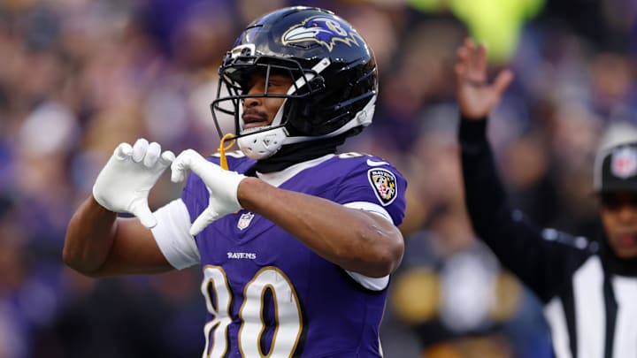 Dec 7, 2025; Baltimore, Maryland, USA; Baltimore Ravens tight end Isaiah Likely (80) reacts after scoring a touchdown against the Pittsburgh Steelers during the second half at M&T Bank Stadium. Mandatory Credit: Peter Casey-Imagn Images
