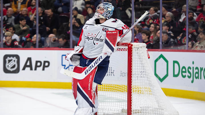 Jan 16, 2025; Ottawa, Ontario, CAN; Washington Capitals goalie Logan Thompson (48) relaxes in the first period against the Ottawa Senators at the Canadian Tire Centre. Mandatory Credit: Marc DesRosiers-Imagn Images