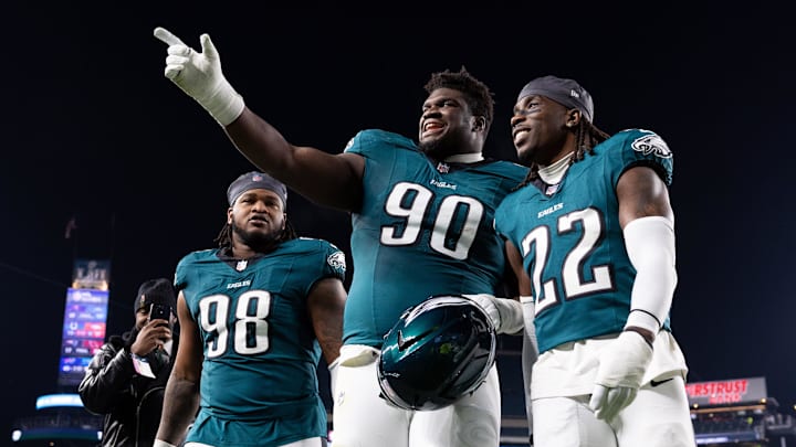 Jalen Carter, Jordan Davis, Kelee Ringo, Philadelphia Eagles Mandatory Credit: Bill Streicher-Imagn Images