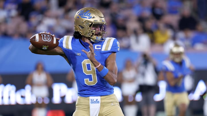 Sep 12, 2025; Pasadena, California, USA;  UCLA Bruins quarterback Nico Iamaleava (9) looks to pass during the first quarter against the New Mexico Lobos at Rose Bowl. Mandatory Credit: Kiyoshi Mio-Imagn Images