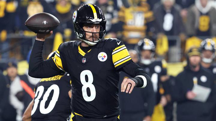 Jan 12, 2026; Pittsburgh, PA, USA; Pittsburgh Steelers quarterback Aaron Rodgers (8) throws during the first half of an AFC Wild Card Round game against the Houston Texans at Acrisure Stadium. Mandatory Credit: Charles LeClaire-Imagn Images