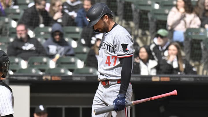 Mar 31, 2025; Chicago, Illinois, USA; Minnesota Twins second base Edouard Julien (47) after striking out swinging against the Chicago White Sox during the sixth inning at Guaranteed Rate Field. Mar 31, 2025; Chicago, Illinois, USA; Minnesota Twins second base Edouard Julien (47) after striking out swinging against the Chicago White Sox during the sixth inning at Guaranteed Rate Field.