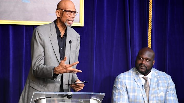 Mar 24, 2017; Los Angeles, CA, USA; Kareem Abdul-Jabbar (left) speaks during ceremony to unveil statue of Los Angeles Lakers former center Shaquille O'Neal at Staples Center. Mandatory Credit: Kirby Lee-Imagn Images