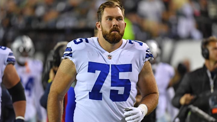 Oct 16, 2022; Philadelphia, Pennsylvania, USA; Dallas Cowboys offensive tackle Josh Ball (75)