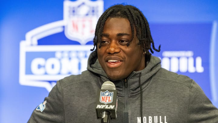 Malik Mustapha talks to the media during the 2024 NFL Combine at Lucas Oil Stadium.