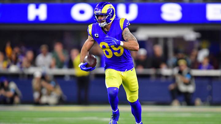 Oct 12, 2026; Inglewood, California, USA;  Los Angeles Rams tight end Tyler Higbee (89) runs after making a catch during the fourth quarter against the Buffalo Bills at SoFi Stadium.  Mandatory Credit: Gary A. Vasquez-Imagn Images