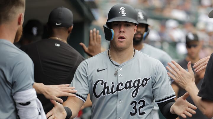 Jun 23, 2024; Detroit, Michigan, USA; Chicago White Sox right fielder Gavin Sheets (32) receives congratulations from teammates after scoring in the seventh inning against the Detroit Tigers at Comerica Park. Jun 23, 2024; Detroit, Michigan, USA; Chicago White Sox right fielder Gavin Sheets (32) receives congratulations from teammates after scoring in the seventh inning against the Detroit Tigers at Comerica Park.