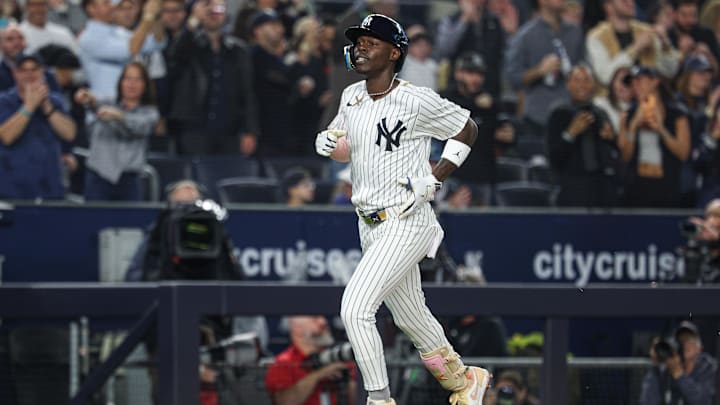 Apr 3, 2025; Bronx, New York, USA; New York Yankees third baseman Jazz Chisholm Jr. (13) rune the bases after hitting a two run home run with a torpedo bat during the fourth inning against the Arizona Diamondbacks at Yankee Stadium. Mandatory Credit: Vincent Carchietta-Imagn Images