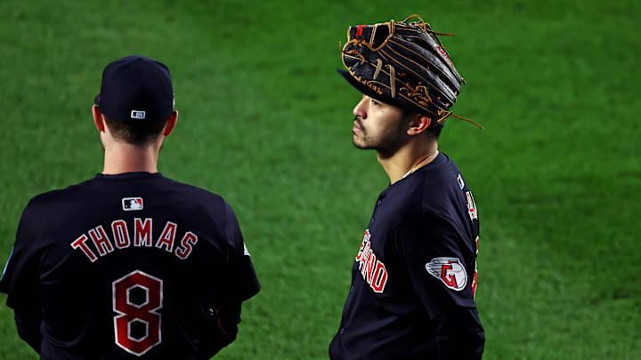 Oct 14, 2024; Bronx, New York, USA; Cleveland Guardians outfielder Steven Kwan (38) and outfielder Lane Thomas (8) wait in the outfield during the sixth inning against the New York Yankees in game one of the ALCS for the 2024 MLB Playoffs at Yankee Stadium. Mandatory Credit: Vincent Carchietta-Imagn Images Oct 14, 2024; Bronx, New York, USA; Cleveland Guardians outfielder Steven Kwan (38) and outfielder Lane Thomas (8) wait in the outfield during the sixth inning against the New York Yankees in game one of the ALCS for the 2024 MLB Playoffs at Yankee Stadium. Mandatory Credit: Vincent Carchietta-Imagn Images