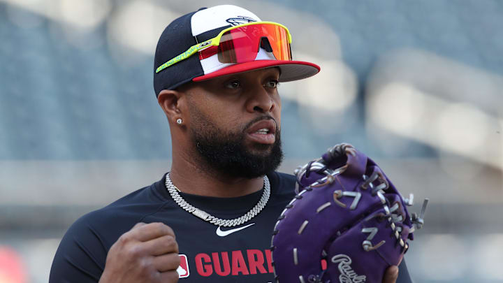 Apr 18, 2025; Pittsburgh, Pennsylvania, USA; Cleveland Guardians first baseman Carlos Santana (41) participates in infield practice before the game against the Pittsburgh Pirates at PNC Park. Mandatory Credit: Charles LeClaire-Imagn Images Apr 18, 2025; Pittsburgh, Pennsylvania, USA; Cleveland Guardians first baseman Carlos Santana (41) participates in infield practice before the game against the Pittsburgh Pirates at PNC Park. Mandatory Credit: Charles LeClaire-Imagn Images