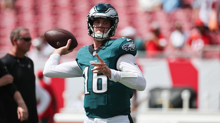 Sep 28, 2025; Tampa, Florida, USA; Philadelphia Eagles quarterback Tanner McKee (16) warms up before the game against the Tampa Bay Buccaneers at Raymond James Stadium. Mandatory Credit: Kim Klement Neitzel-Imagn Images