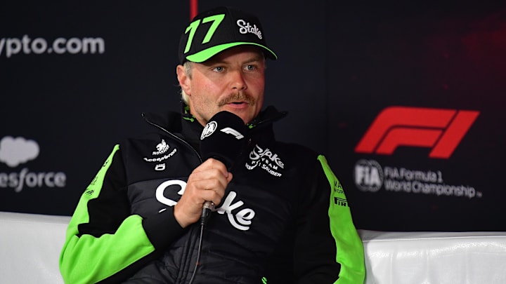 Nov 20, 2024; Las Vegas, Nevada, USA; Stake F1 Sauber driver Valtteri Bottas (77) during media availabilities at Las Vegas Circuit. Mandatory Credit: Gary A. Vasquez-Imagn Images