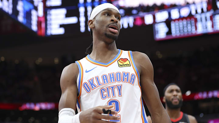 Jan 15, 2026; Houston, Texas, USA; Oklahoma City Thunder guard Shai Gilgeous-Alexander (2) reacts after a play during the third quarter against the Houston Rockets at Toyota Center. Mandatory Credit: Troy Taormina-Imagn Images