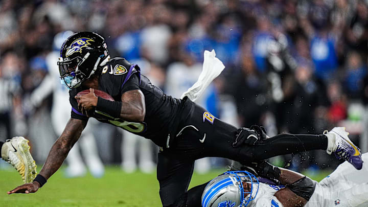Detroit Lions defensive end Al-Quadin Muhammad (96) sacks Baltimore Ravens quarterback Lamar Jackson (8) during the second half at M&T Bank Stadium in Baltimore, Md. on Monday, Sept. 22, 2025. Detroit Lions defensive end Al-Quadin Muhammad (96) sacks Baltimore Ravens quarterback Lamar Jackson (8) during the second half at M&T Bank Stadium in Baltimore, Md. on Monday, Sept. 22, 2025.