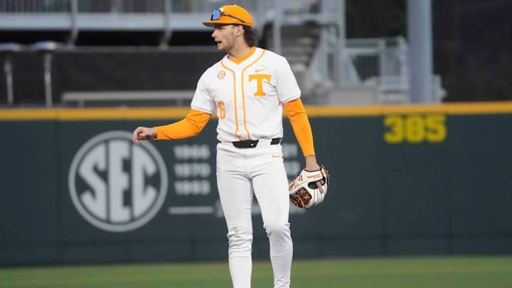 Tennessee infielder Gavin Kilen (6) on the field at the Tennessee baseball season opener against Hofstra, in Lindsey Nelson Stadium at University of Tennessee in Knoxville, Tenn., Friday, February. 14, 2025.