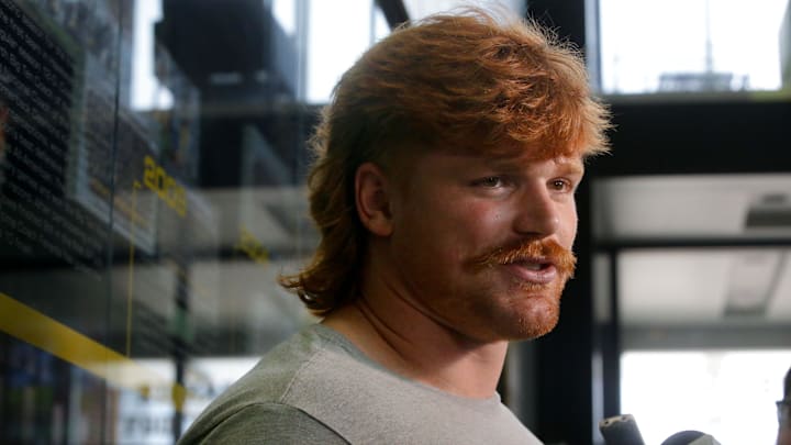 Iowa’s offensive lineman Gennings Dunker speaks to the media Tuesday, July 16, 2024 in Iowa City, Iowa.