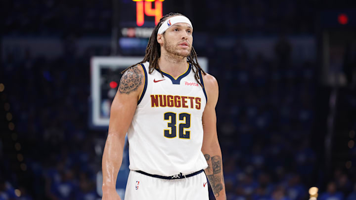 May 18, 2025; Oklahoma City, Oklahoma, USA; Denver Nuggets forward Aaron Gordon (32) looks down the court against the Oklahoma City Thunder in the second quarter during game seven of the second round for the 2025 NBA Playoffs at Paycom Center. Mandatory Credit: Alonzo Adams-Imagn Images May 18, 2025; Oklahoma City, Oklahoma, USA; Denver Nuggets forward Aaron Gordon (32) looks down the court against the Oklahoma City Thunder in the second quarter during game seven of the second round for the 2025 NBA Playoffs at Paycom Center. Mandatory Credit: Alonzo Adams-Imagn Images