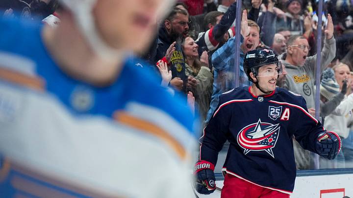 Nov 1, 2025; Columbus, Ohio, USA;  Columbus Blue Jackets defenseman Zach Werenski (8) reacts to scoring a goal against the St. Louis Blues in the second period at Nationwide Arena. Mandatory Credit: Aaron Doster-Imagn Images