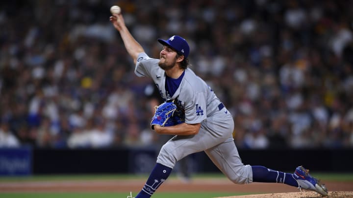 Jun 23, 2021; San Diego, California, USA; Los Angeles Dodgers starting pitcher Trevor Bauer (27) throws a pitch. Jun 23, 2021; San Diego, California, USA; Los Angeles Dodgers starting pitcher Trevor Bauer (27) throws a pitch.