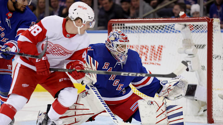 Nov 29, 2023; New York, New York, USA; New York Rangers goaltender Igor Shesterkin (31) plays the