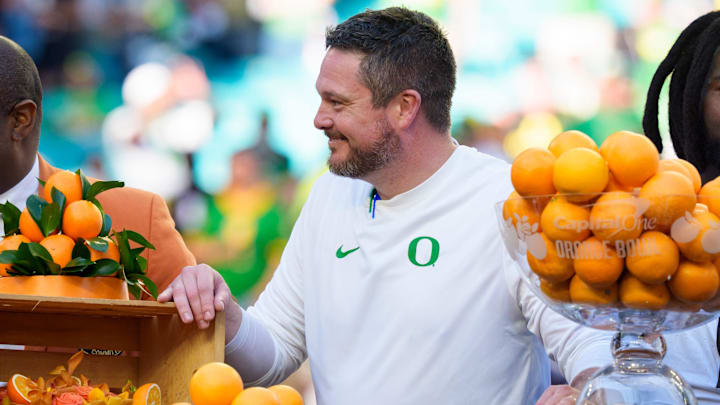 Oregon head coach Dan Lanning as the Oregon Ducks take on the Texas Tech Red Raiders in the Orange Bowl on Jan. 1, 2026, at Hard Rock Stadium in Miami, Florida.