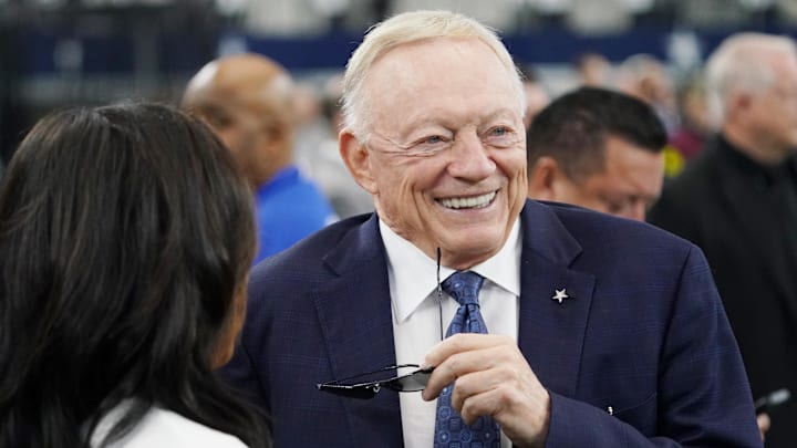 Dallas Cowboys owner Jerry Jones on the sidelines before the game against the New York Giants at AT&T Stadium. 
