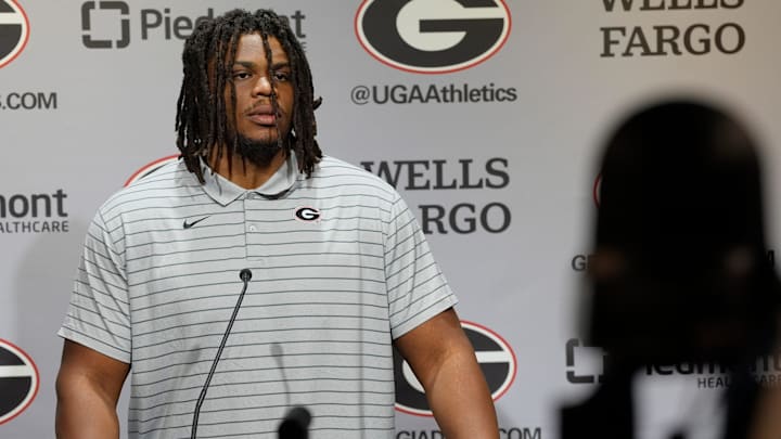 Georgia offensive lineman Earnest Greene III speaks to the media on the first day of spring practice in Athens, Ga., on Tuesday, March 11, 2025.