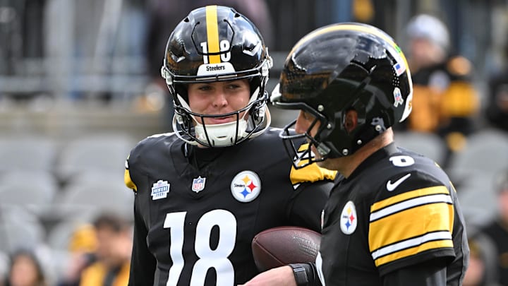Nov 16, 2025; Pittsburgh, Pennsylvania, USA; Pittsburgh Steelers quarterback Will Howard (18) talks with quarterback Aaron Rodgers (8) before the game against the Cincinnati Bengals at Acrisure Stadium. Mandatory Credit: Barry Reeger-Imagn Images