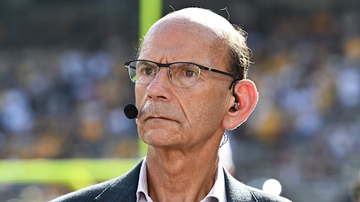 Oct 5, 2024; College Station, Texas, USA; SEC Nation analyst Paul Finebaum looks on prior to the game between the Texas A&M Aggies and the Missouri Tigers at Kyle Field. 