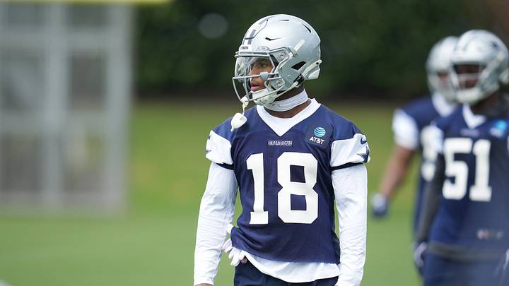 Dallas Cowboys cornerback Caleb Downs on the field during practice at the Ford Center at the Star Training Facility Dallas Cowboys cornerback Caleb Downs on the field during practice at the Ford Center at the Star Training Facility