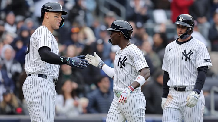 Mar 30, 2025; Bronx, New York, USA; New York Yankees second baseman Jazz Chisholm Jr. (13) celebrates his three run home run against the Milwaukee Brewers with right fielder Aaron Judge (99) and first baseman Paul Goldschmidt (48) during the seventh inning at Yankee Stadium. Mar 30, 2025; Bronx, New York, USA; New York Yankees second baseman Jazz Chisholm Jr. (13) celebrates his three run home run against the Milwaukee Brewers with right fielder Aaron Judge (99) and first baseman Paul Goldschmidt (48) during the seventh inning at Yankee Stadium.