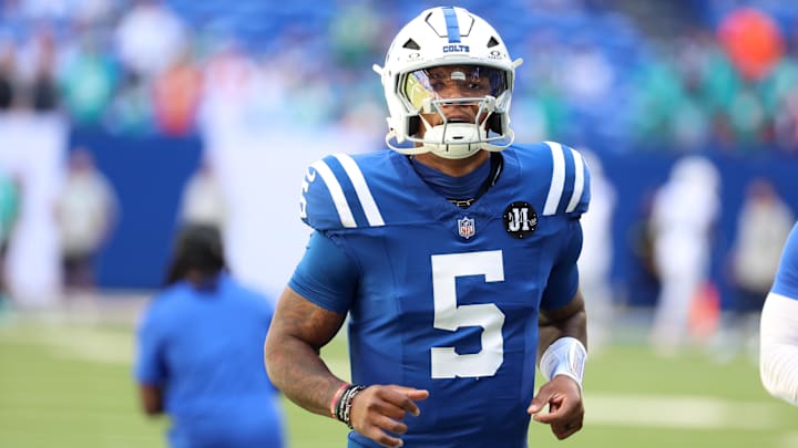 Sep 7, 2025; Indianapolis, Indiana, USA; Indianapolis Colts quarterback Anthony Richardson Sr. (5) warms up before a game against the Miami Dolphins at Lucas Oil Stadium. Mandatory Credit: Trevor Ruszkowski-Imagn Images Sep 7, 2025; Indianapolis, Indiana, USA; Indianapolis Colts quarterback Anthony Richardson Sr. (5) warms up before a game against the Miami Dolphins at Lucas Oil Stadium. Mandatory Credit: Trevor Ruszkowski-Imagn Images