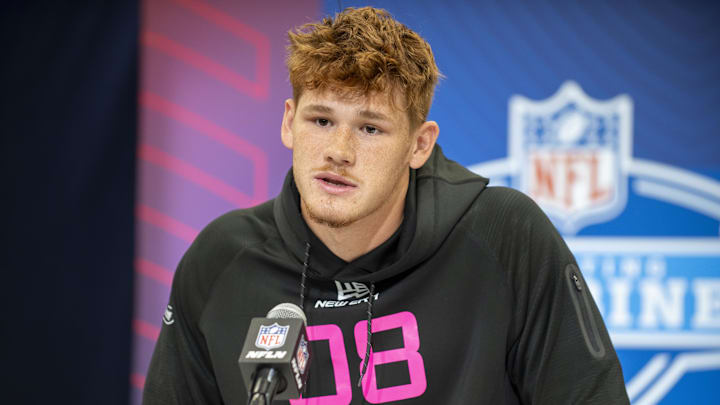 Feb 27, 2025; Indianapolis, IN, USA; Oregon tight end Terrance Ferguson (TE08) during the 2025 NFL Combine at Lucas Oil Stadium. Mandatory Credit: Tanner Pearson-Imagn Images