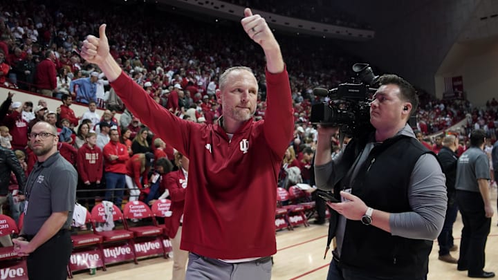 Feb 7, 2026; Bloomington, Indiana, USA; Indiana Hoosiers head coach Darian DeVries celebrates after the game against the Wisconsin Badgers at Simon Skjodt Assembly Hall. Mandatory Credit: Robert Goddin-Imagn Images