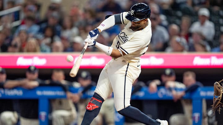Sep 26, 2024; Minneapolis, Minnesota, USA; Minnesota Twins second base Willi Castro (50) at bat against the Miami Marlins at Target Field. Mandatory Credit: Matt Blewett-Imagn Images