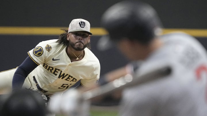 May 18, 2025; Milwaukee, Wisconsin, USA; Milwaukee Brewers pitcher Freddy Peralta (51) delivers a pitch in the first inning against the Minnesota Twins at American Family Field. Mandatory Credit: Michael McLoone-Imagn Images